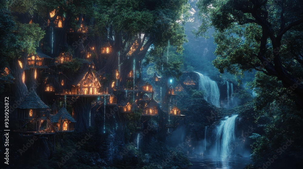 Fototapeta premium Enchanted Forest with Illuminated Treehouse Village and Waterfall