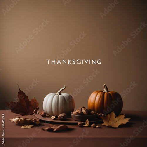 happy thanksgiving day with pumpkins brown table.
