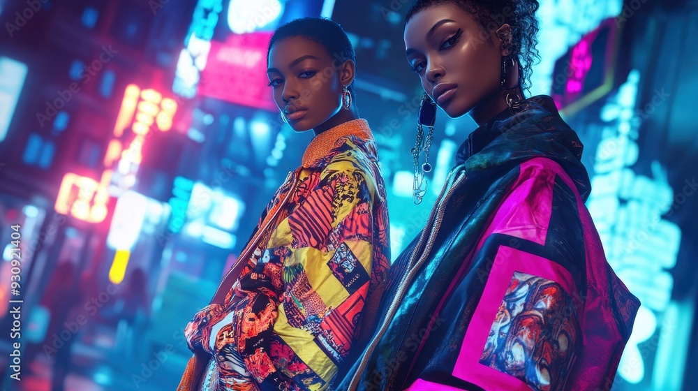 Two Stylish Women in Neon City Lights, Cyberpunk Fashion, Futuristic Style Two Stylish Women in Neon City Lights, Cyberpunk Fashion, Futuristic Style