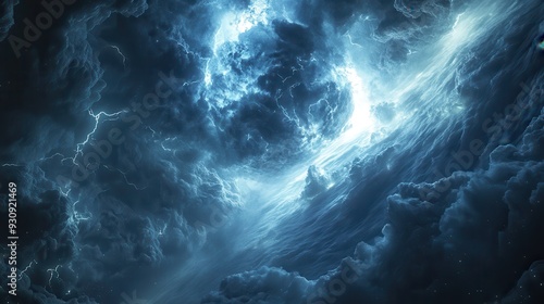 Dramatic Stormy Sky with Lightning and Blue Clouds - Abstract Background