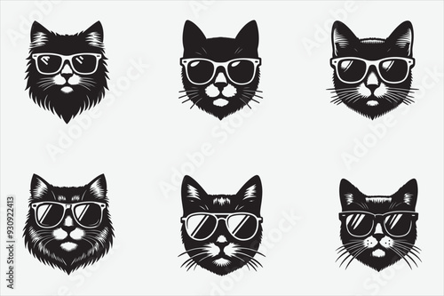 cat head wearing sunglass silhouette vector design,cat head icon,cat head illustration isolated.