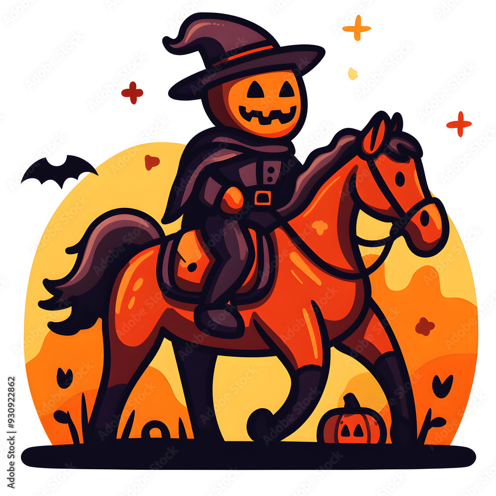 A man dressed as a witch rides a horse with a pumpkin on his head