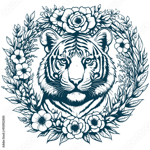 Aesthetic Floral Tiger Illustration Graphic Floral Wreath Silhouette Illustration