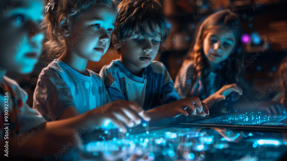 Group of diverse children wearing safety goggles, engaged in a science experiment with colorful lights in a dark room Group of diverse children wearing safety goggles, engaged in a science experiment with colorful lights in a dark room