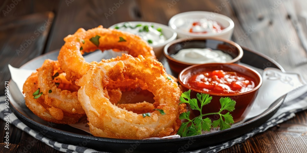 Onion ring appetizer with variety of dips and striped napkin Onion ring appetizer with variety of dips and striped napkin
