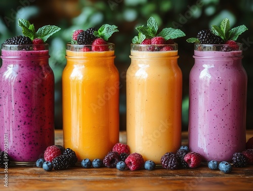 refreshing array of colorful fruit smoothies in glass jars garnished with fresh berries and mint arranged on a rustic wooden table with soft natural lighting