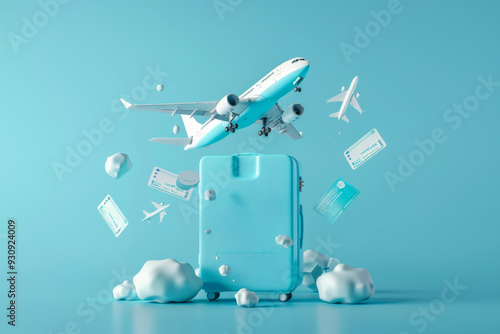 Luggage blue, air ticket float away from passport with airplane is taking off and cloud