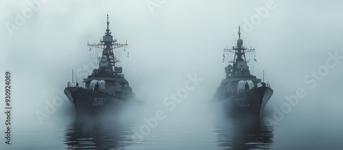 Two warships emerge from the fog