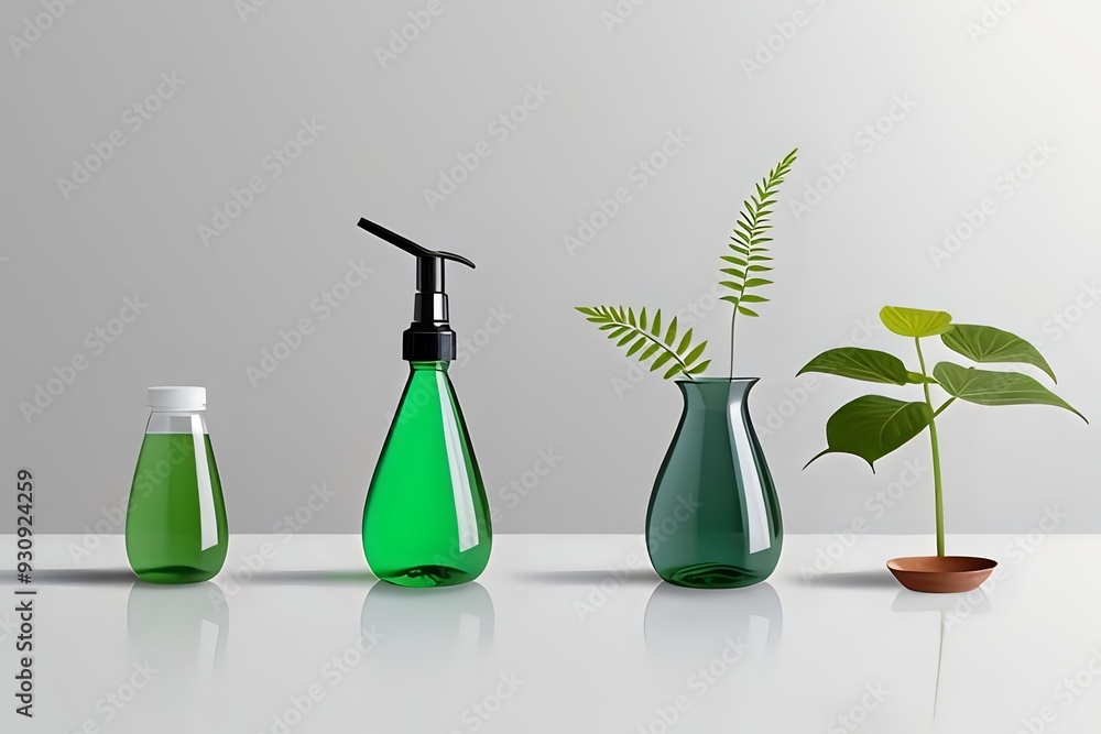 Three Green Bottles with Plants Minimalist Eco Decor Three Green Bottles with Plants Minimalist Eco Decor