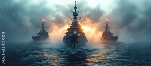 Wallpaper Mural Three warships sailing through fog at sunset Torontodigital.ca