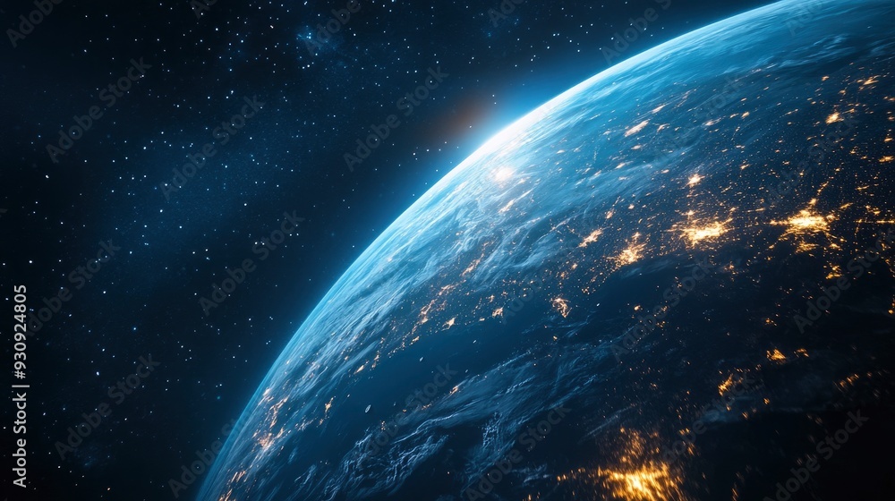Fototapeta premium Nightly Earth planet in outer space. City lights on planet. Life of people. Solar system element. Elements of this image furnished , ai