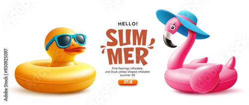 Pink flamingo inflatable, and Duck yellow shaped inflatable, summer 3D realistic isolated on white background, eps 10 vector illustration
