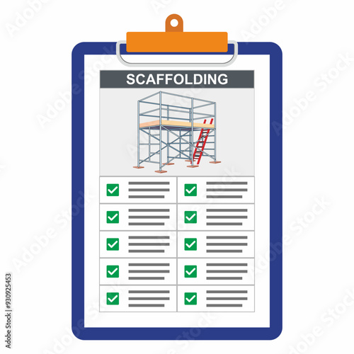 Vector illustration of scaffolding installation safety inspection checklist document. Paper board holder with green checkmark item point of checking.