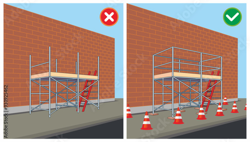 Do and do not safety practice illustration of scaffolding installation work. Completed and incompleted parts comparison based on standard.