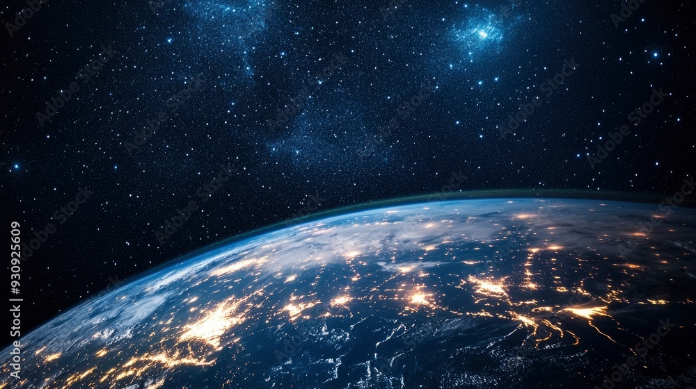 Fototapeta premium Nightly Earth planet in outer space. City lights on planet. Life of people. Solar system element. Elements of this image furnished , ai