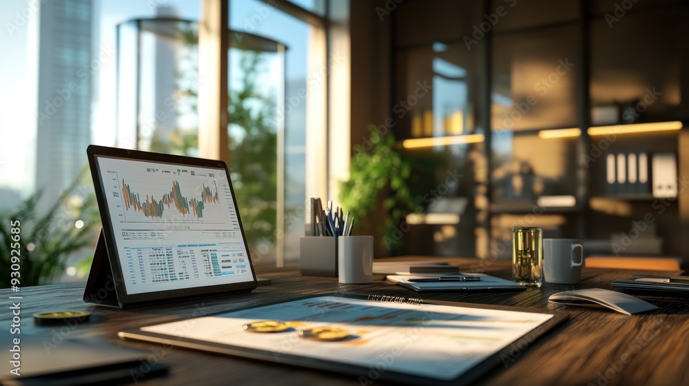 Modern Office Desk with Financial Data on a Tablet Modern Office Desk with Financial Data on a Tablet