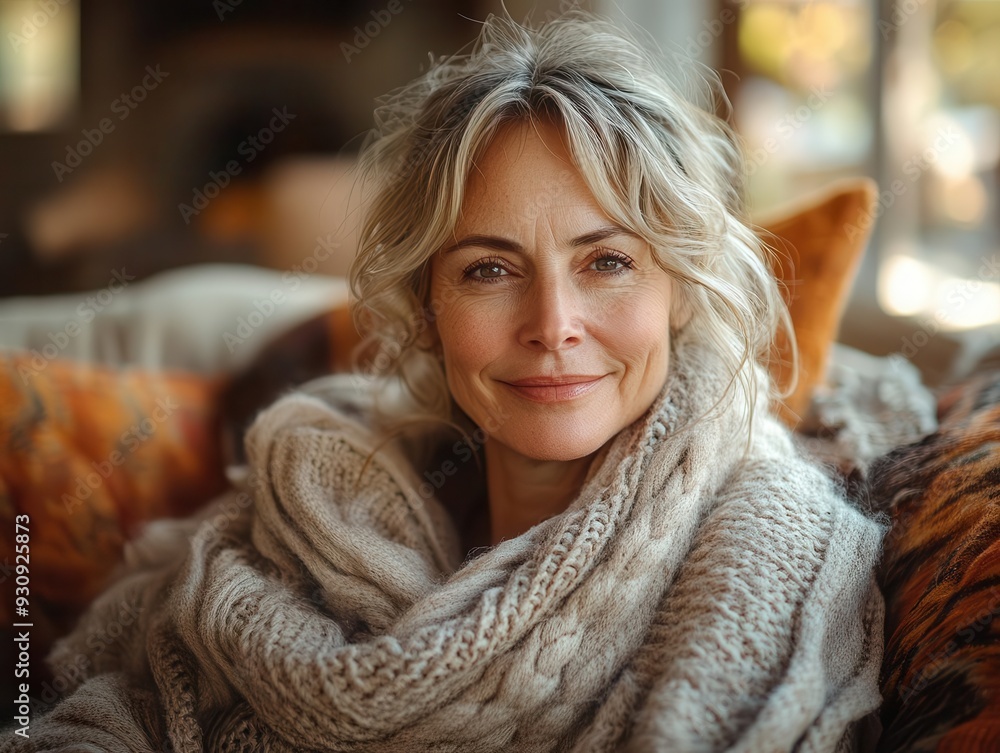 warm and inviting portrait of a content middleaged woman relaxing on a cozy sofa in a sunlit living room exuding serenity and selfacceptance warm and inviting portrait of a content middleaged woman relaxing on a cozy sofa in a sunlit living room exuding serenity and selfacceptance