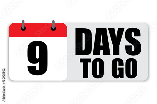 Countdown calendar icon. Number nine focus. Bold 9 days to go text. Red and white layout.