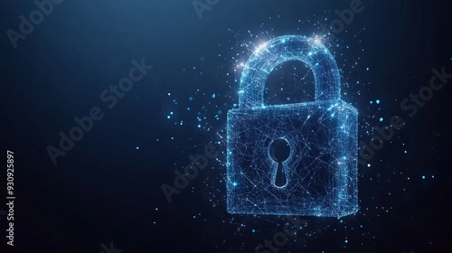 Abstract closed lock without key on dark blue background. Protect or security symbol composed of polygons. Low poly wireframe with lines, dots and glowing particles photo