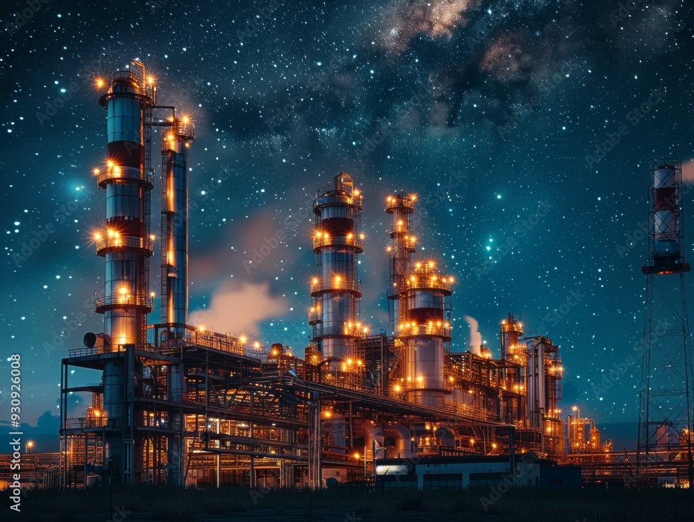 Fototapeta premium Glowing Industrial Haven: Futuristic Buildings Lit Up in the Night Sky