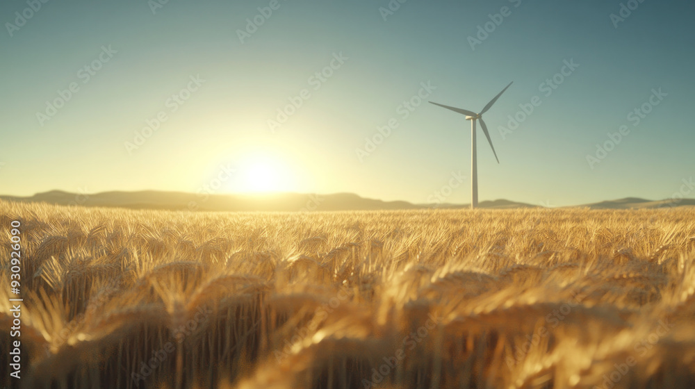 Obraz premium A wind turbine is standing in a field of golden wheat. The sun is setting in the background, casting a warm glow over the scene. Concept of peacefulness and harmony between nature and technology