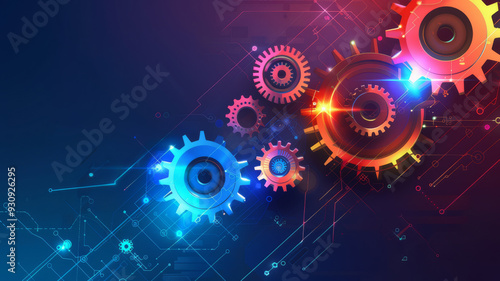 Abstract techno gear background with geometric colorful gear wheels. Space for gear text. Vector gears modern mechanism industrial . Technology gears