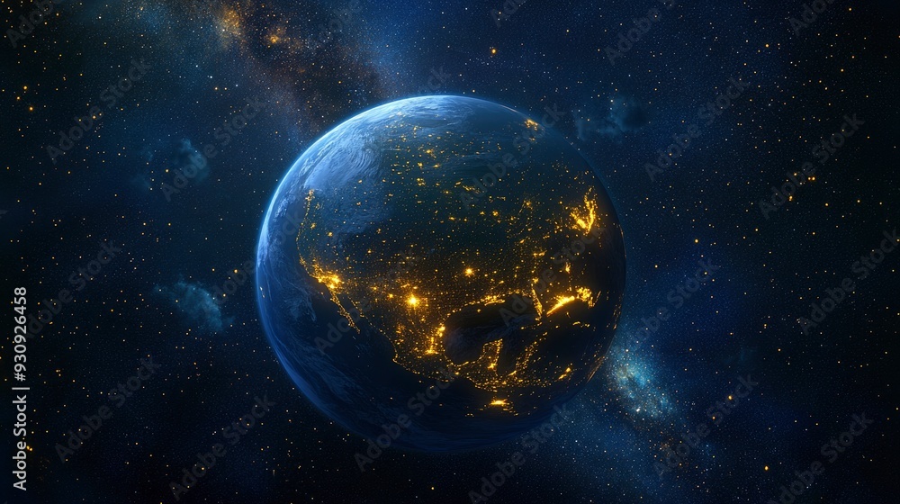 Fototapeta premium Nightly Earth planet in outer space. City lights on planet. Life of people. Solar system element. Elements of this image furnished , ai