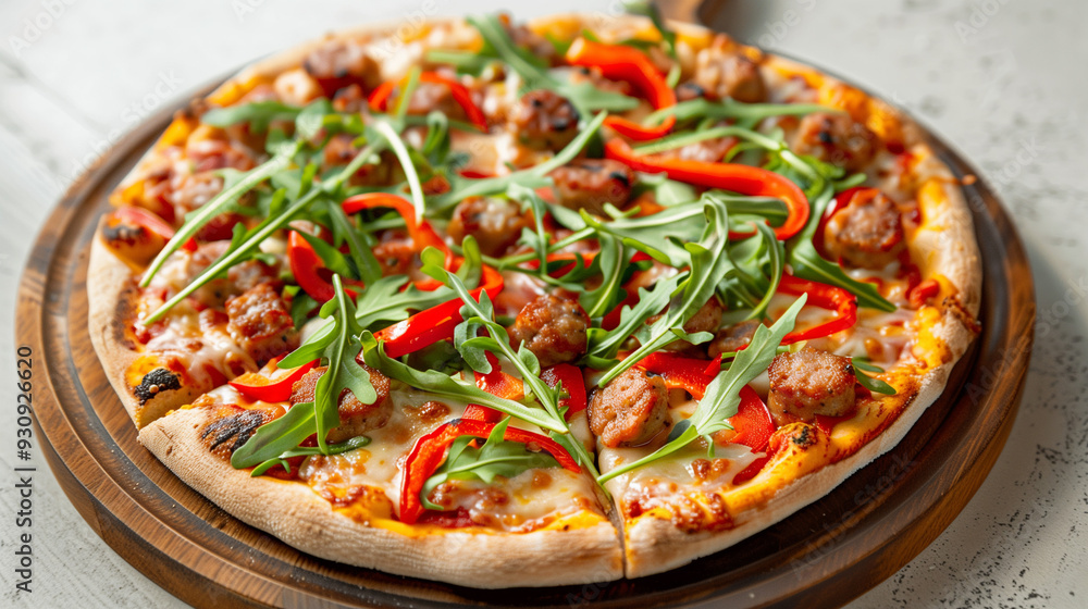 Pizzeria Special Hot Pizza with Sausage Peppers and Fresh Arugula on a Light Background Pizzeria Special Hot Pizza with Sausage Peppers and Fresh Arugula on a Light Background
