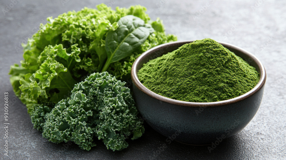 A bowl of green powder next to a bunch of green leaves A bowl of green powder next to a bunch of green leaves