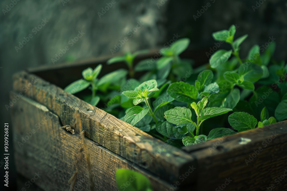 A wooden box filled with small herb plants, depicted in a light green hue with masonry construction.