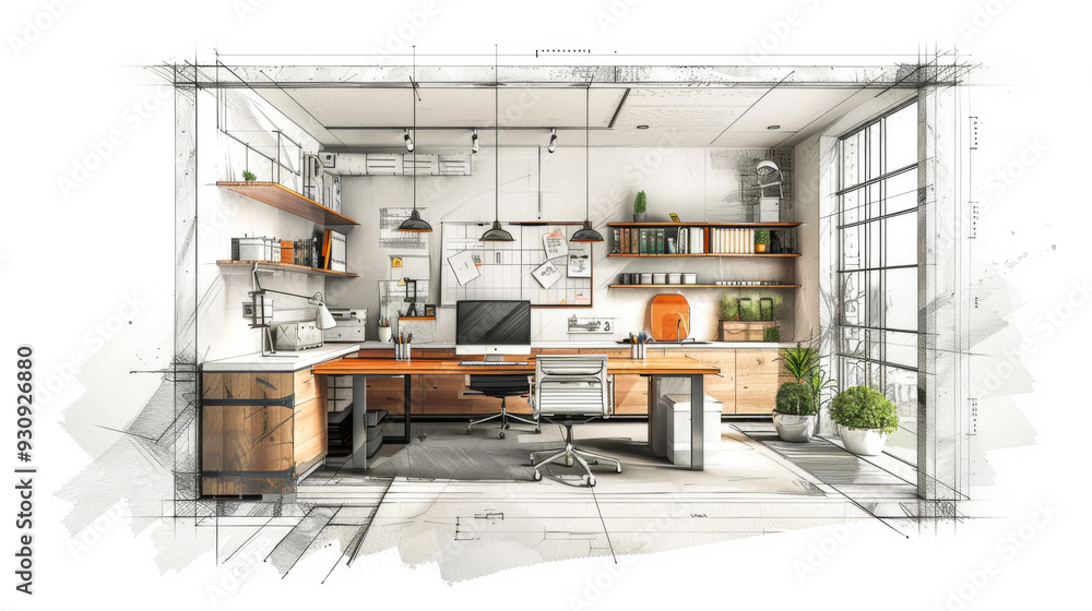 Computers on office tables. Folders on shelves. Windows in walls Computers on office tables. Folders on shelves. Windows in walls