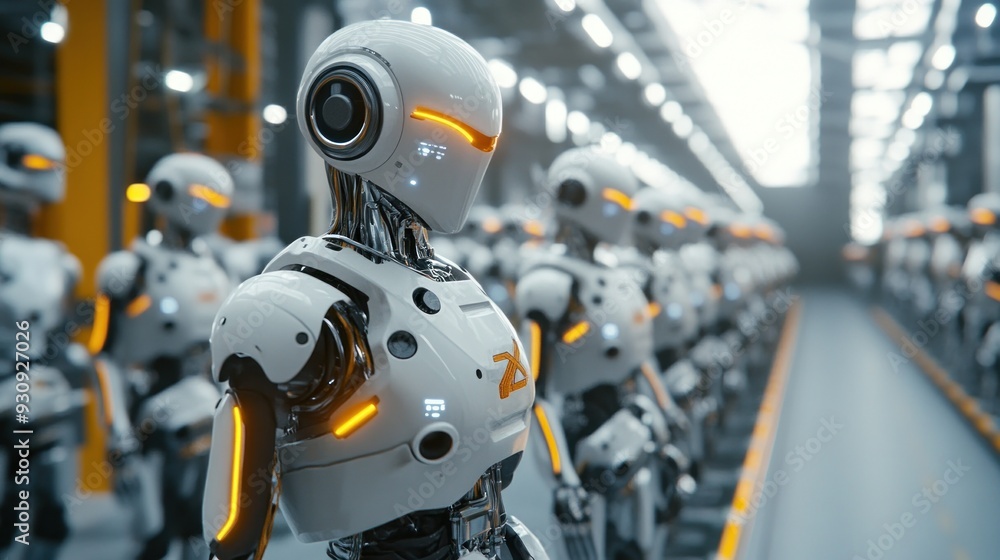 A Line of Robots in a Futuristic Factory A Line of Robots in a Futuristic Factory