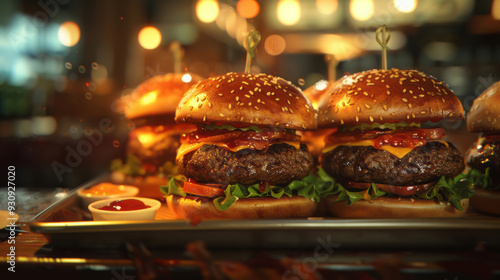 A tray holds several burgers and garnishes, styled with a bokeh panorama