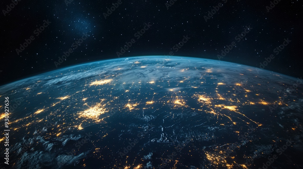Fototapeta premium Nightly Earth planet in outer space. City lights on planet. Life of people. Solar system element. Elements of this image furnished , ai