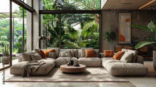 Modern living room with tropical style garden background