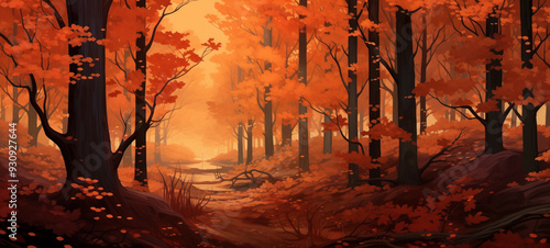 Digital painting of autumn forest with trees in deep orange and red leaves, winding path leading through the woods, sunlight filtering through branches creating dappled light on ground fallen leaves
