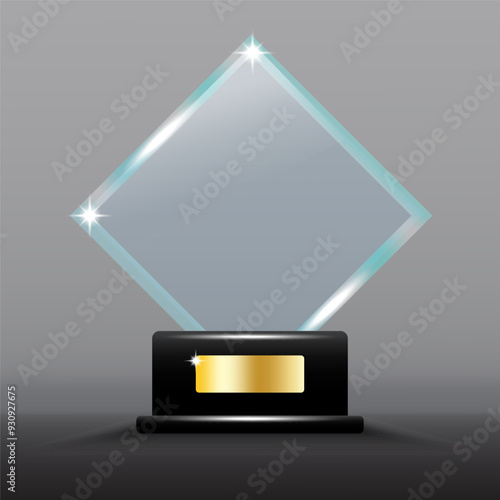 Glass trophy award. Black base with gold plate. Shiny diamond shape. Vector illustration.
