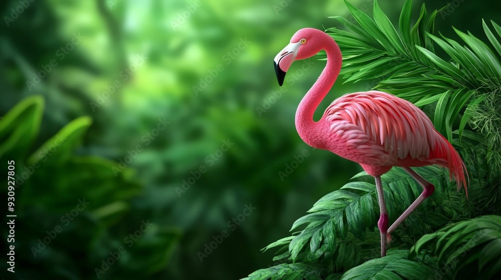 Fototapeta premium A 3D flamingo standing on one leg with a soft minimal plant and trees background