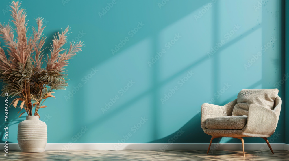 Obraz premium Mockup living room interior with armchair on empty blue color wall background