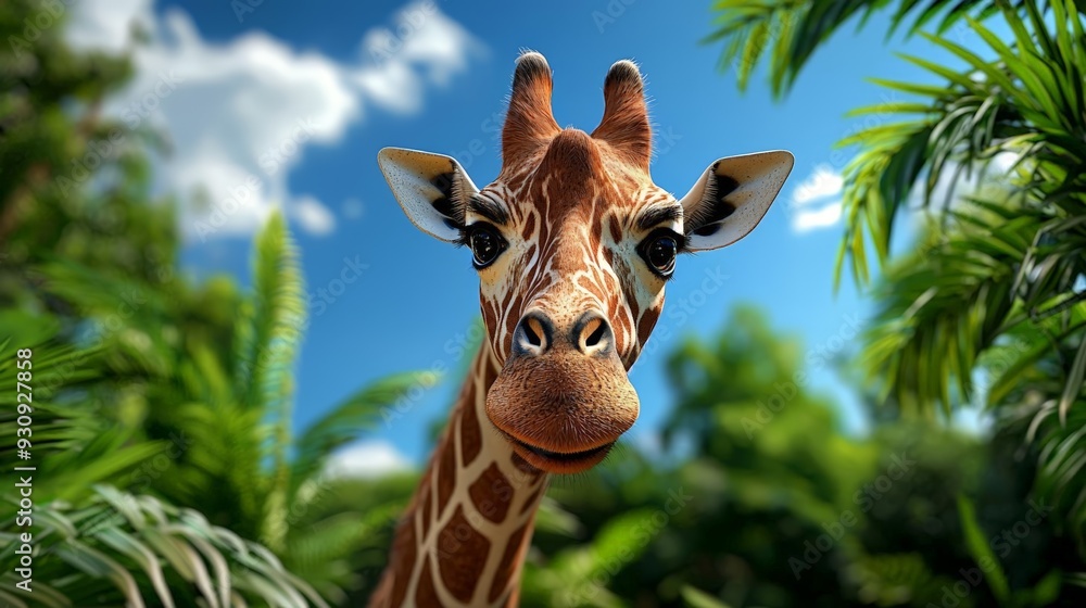 Fototapeta premium A 3D giraffe with its long neck and a soft minimal plant and trees background