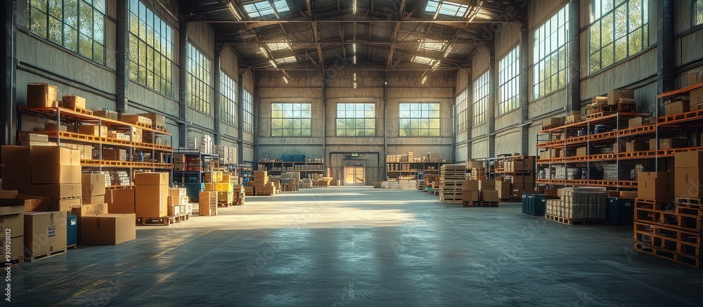Industrial Warehouse Interior with Sunlight Streaming Through Windows Industrial Warehouse Interior with Sunlight Streaming Through Windows