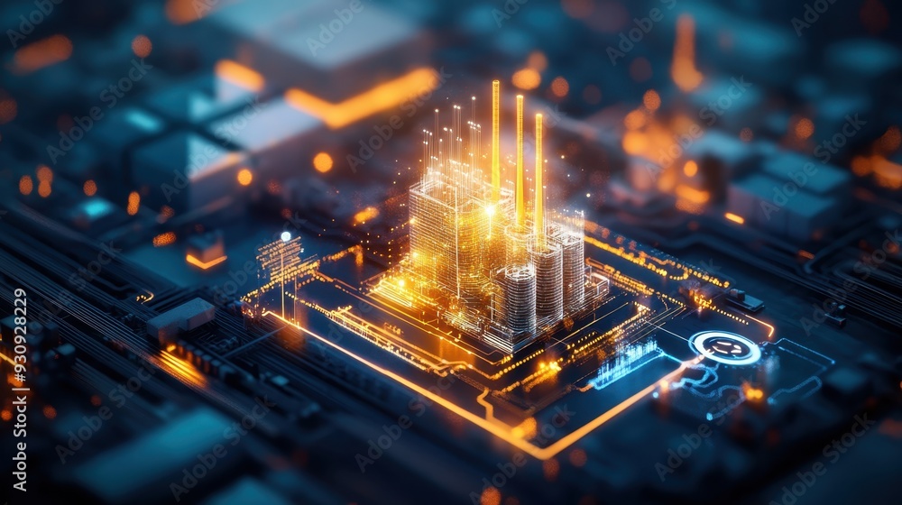 Futuristic Industrial Power Plant with Real-Time Energy Consumption Data Viewed from Above Futuristic Industrial Power Plant with Real-Time Energy Consumption Data Viewed from Above