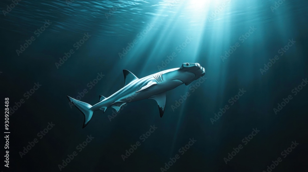 Hammerhead Shark Swimming in Sunbeams Hammerhead Shark Swimming in Sunbeams