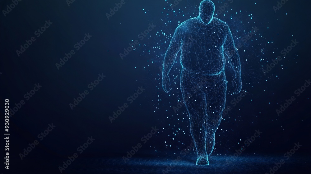 Abstract image of a Obesity male. Health wireframe. With dark blue background. Low poly wireframe with lines, dots and glowing particles Abstract image of a Obesity male. Health wireframe. With dark blue background. Low poly wireframe with lines, dots and glowing particles