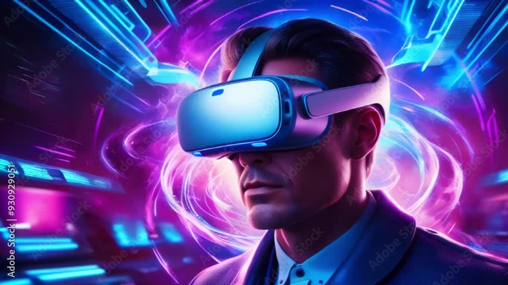 A man wearing a VR headset, immersed in a digital world, with bright neon lights and swirling patterns in the background. A man wearing a VR headset, immersed in a digital world, with bright neon lights and swirling patterns in the background.