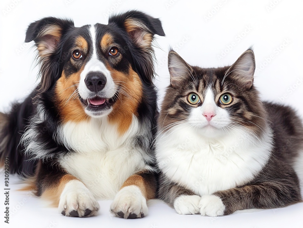 Adorable Australian Shepherd and Cat Duo Pose Together, Playful and Content, Gazing at Camera on a Clean White Background. Companionship and Pet Friendship Concepts. Adorable Australian Shepherd and Cat Duo Pose Together, Playful and Content, Gazing at Camera on a Clean White Background. Companionship and Pet Friendship Concepts.