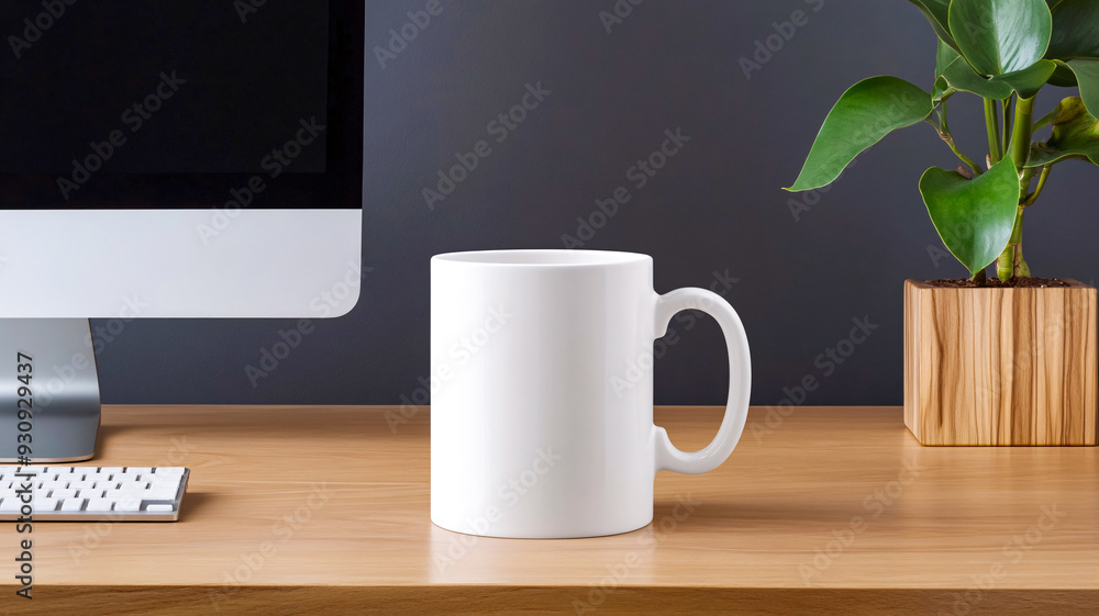 Blank white mug mockup on top of office table Blank white mug mockup on top of office table