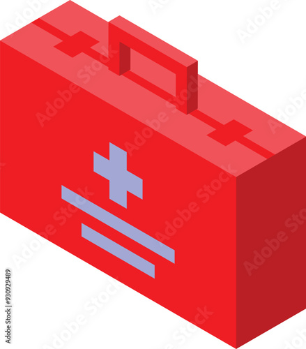 Red medical kit with a white cross and two horizontal lines below, isometric style