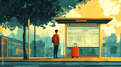 Traveler Waiting at Bus Stop with Suitcase in Lively Urban Scene photo