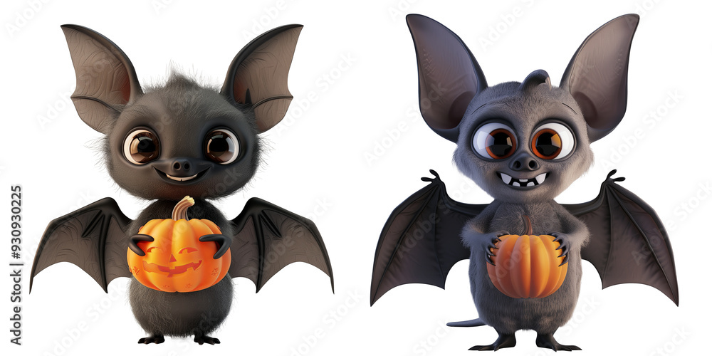 set of cute bat holding a pumpkin. halloween party concept. 3D cartoon animation style. set of cute bat holding a pumpkin. halloween party concept. 3D cartoon animation style.